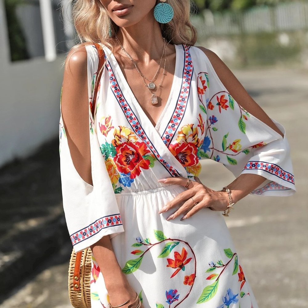 White Floral Print Cold Shoulder Maxi Dress - Picture 3 of 5